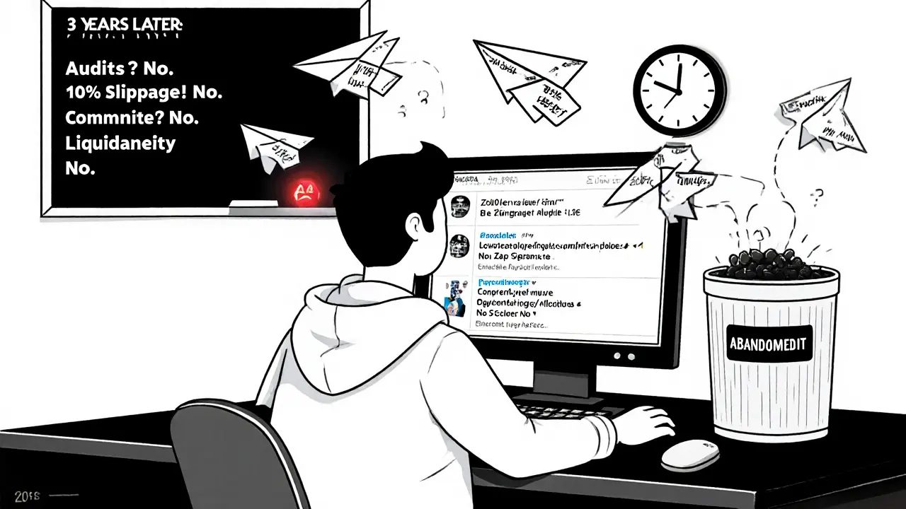 A developer watches abandoned project ideas fly into a trash can labeled &#039;Abandoned&#039;.