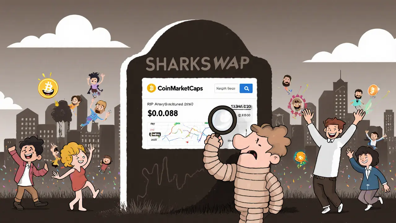 An investor stares at a dead crypto listing while lively DEXs dance nearby.