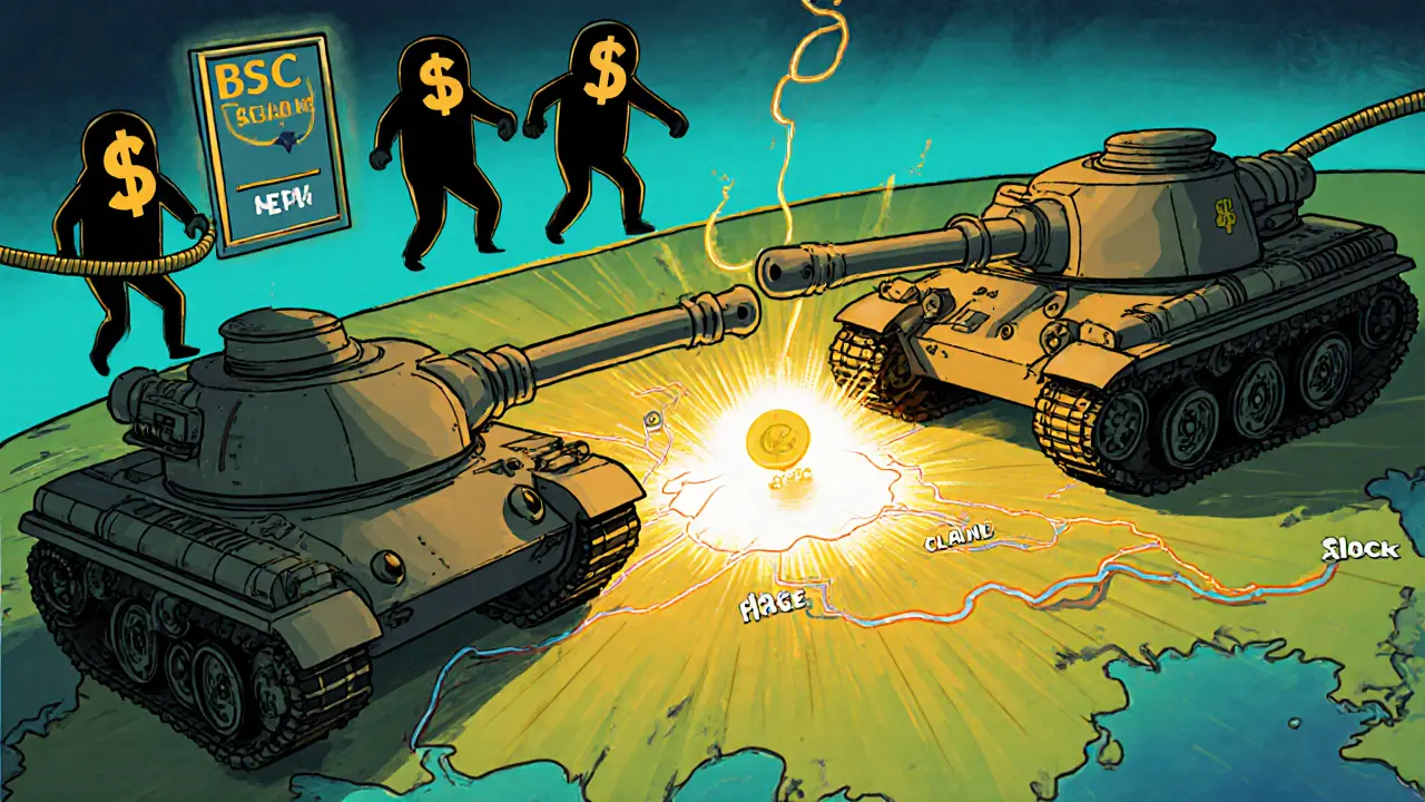 Two stretchy rubber hose tanks battle over a glowing control node on a blockchain map.