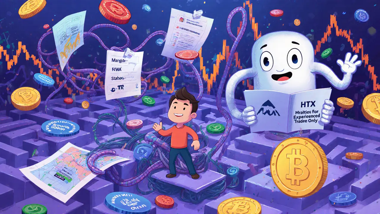 A confused user lost in a maze of trading menus while an HTX mascot points to &#039;Experienced Traders Only&#039;.