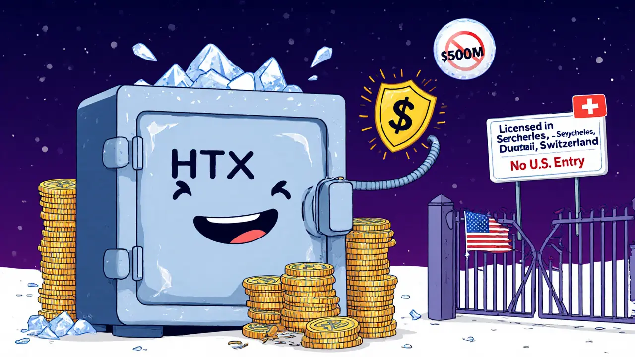 A giant coin vault with cold wallet safe and 0M shield, blocked from a U.S. flag by a broken gate.