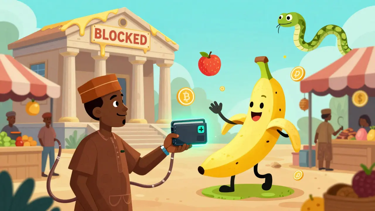 A Nigerian trader connects a wallet to a floating DEX shaped like a dancing banana.