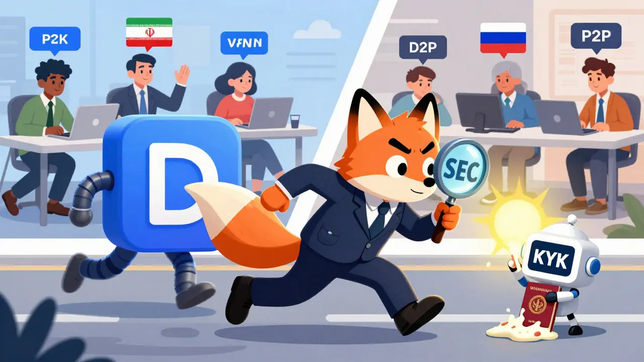 A regulatory officer chases a fox-shaped DEX while users worldwide bypass restrictions with bouncy VPNs.