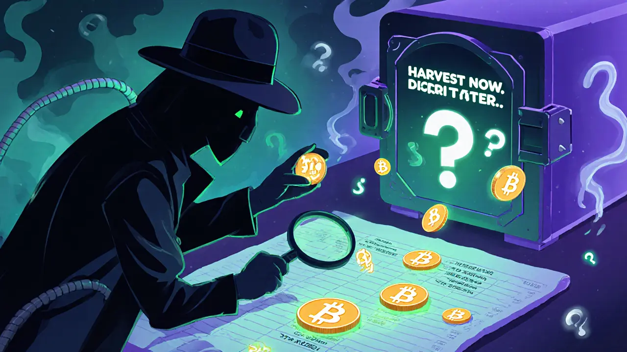 A shadowy figure collecting public keys from a blockchain while a vault glows behind.