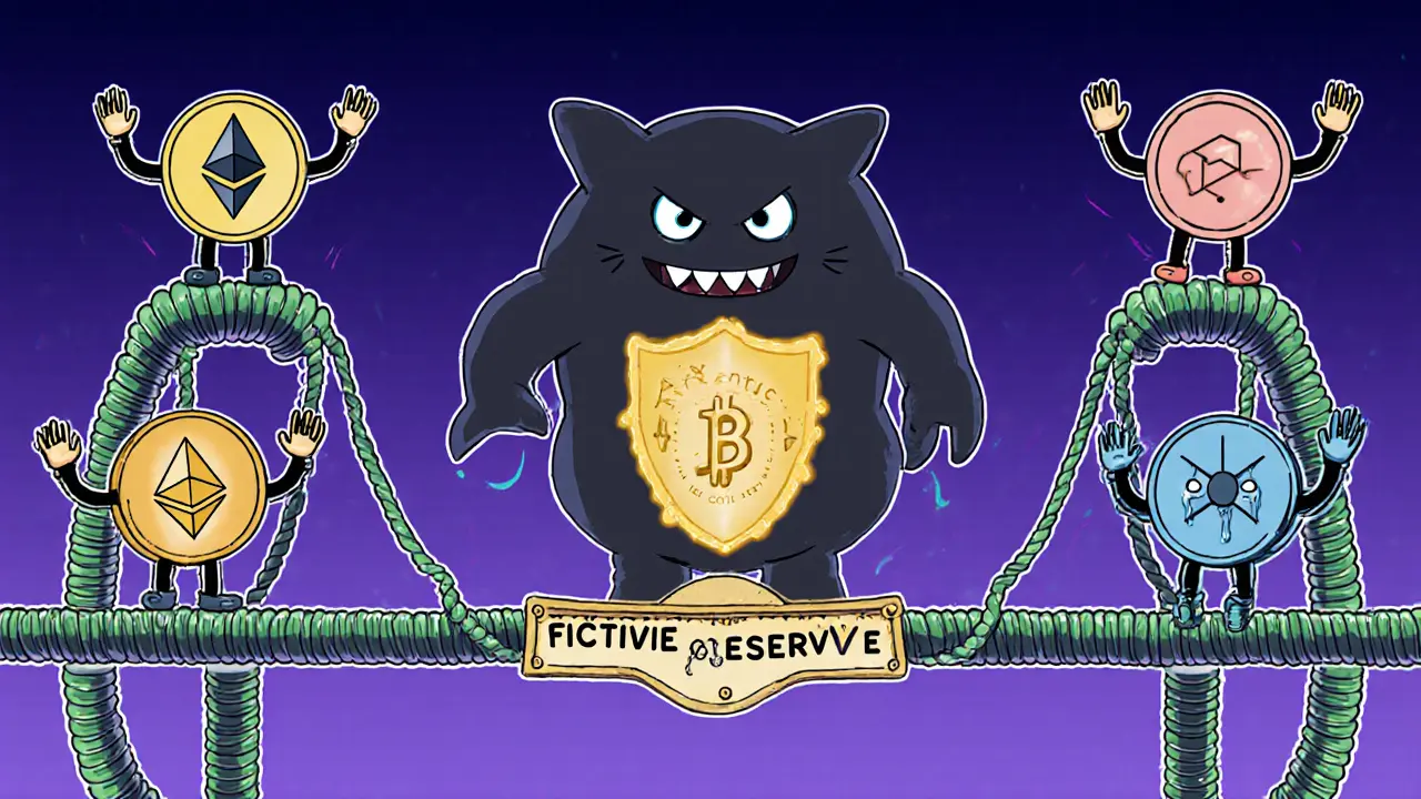 Animated multi-chain bridge with happy tokens crossing while a monster labeled &#039;Impermanent Loss&#039; is defeated by a glowing shield.