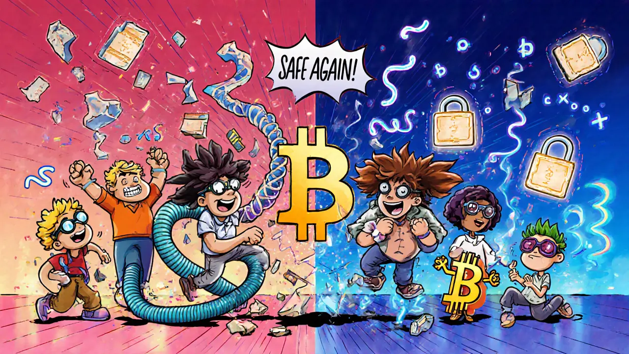 Developers building a new quantum-safe blockchain with glowing math shapes.