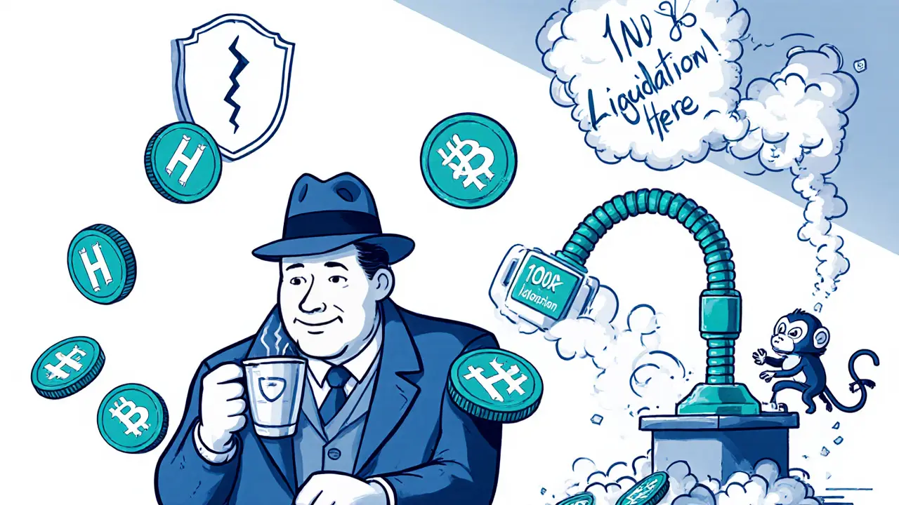 Experienced trader protected by HIT tokens while a monkey pulls a 100x leverage lever causing an account to explode.