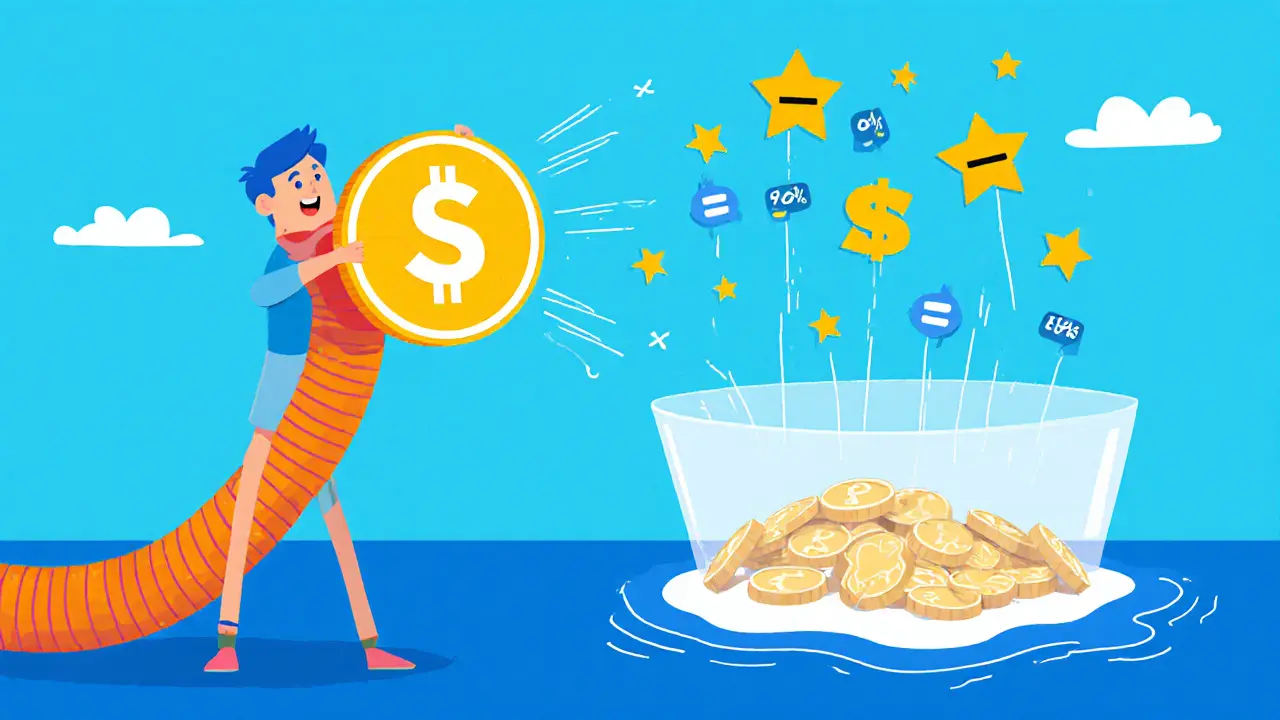 Flexible trader using a giant SDEX token as a slingshot to send assets into a liquidity pool with falling fee percentages.