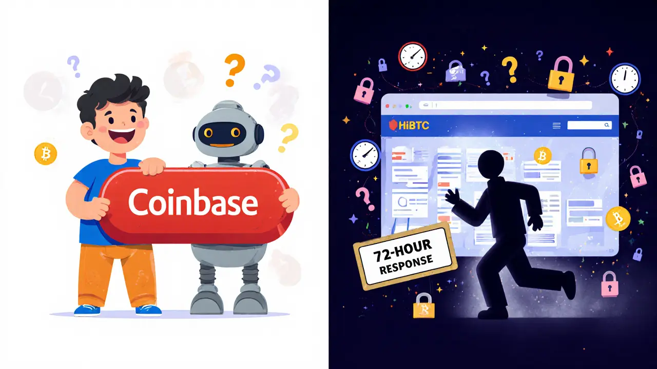 Split scene: happy beginner using Coinbase vs. confused user overwhelmed by HitBTC&#039;s cluttered interface and delayed support.