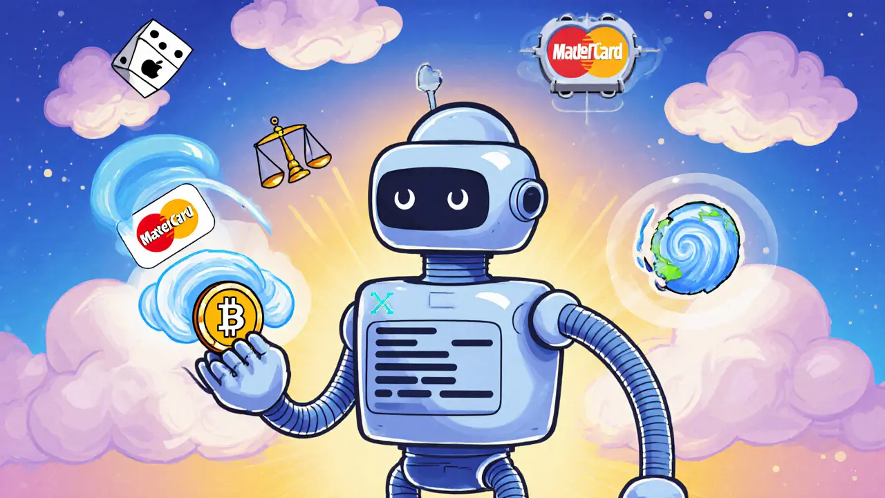 A cartoon robot smart contract grabbing a hurricane icon, powered by a LINK coin, with major company logos floating above.