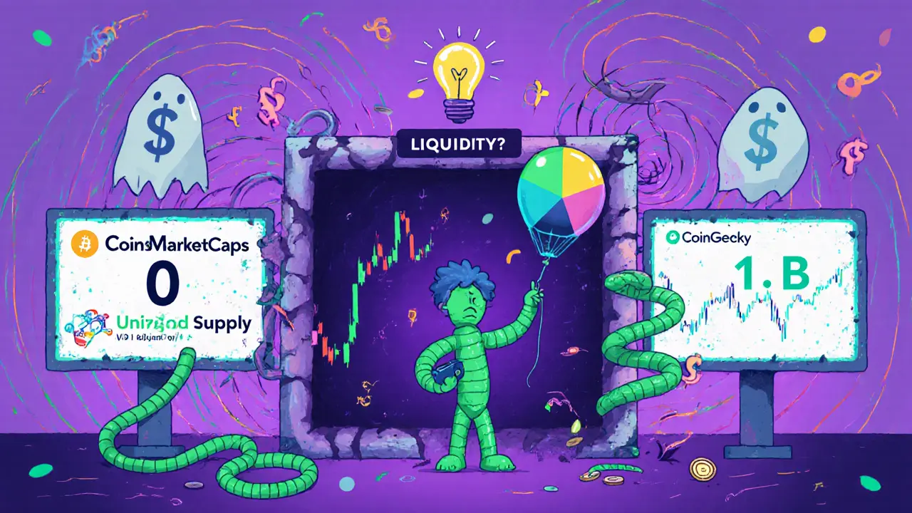 A confused player facing a broken Uniswap portal with conflicting price charts and ghostly exchange logos floating around.