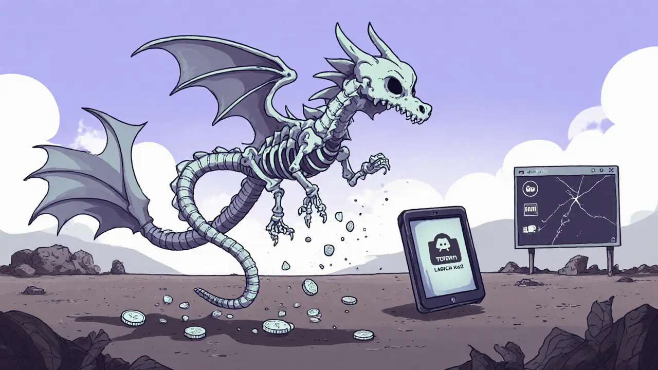 A ghostly dragon skeleton made of coins crumbles over an empty battlefield with a forgotten Magic Hat logo rolling away.