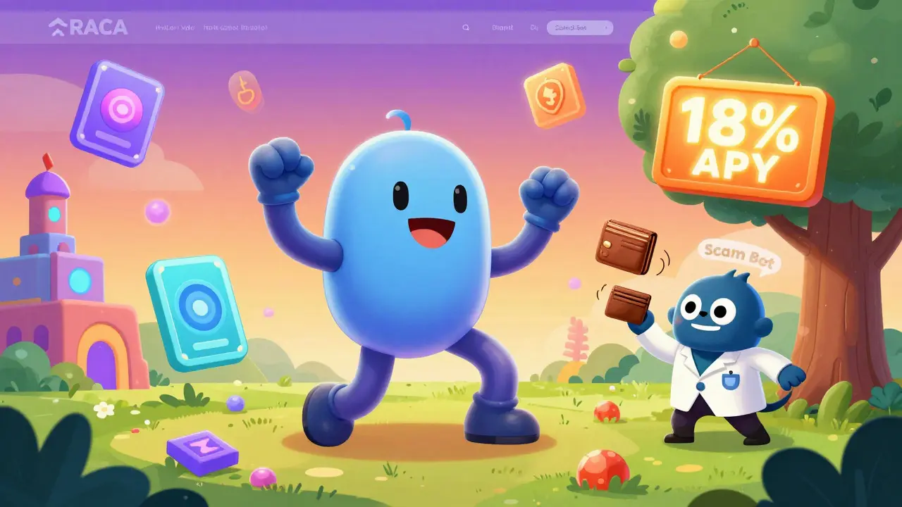 A happy RACA avatar dances in a vibrant metaverse world while a tiny scam bot tries to steal a wallet.