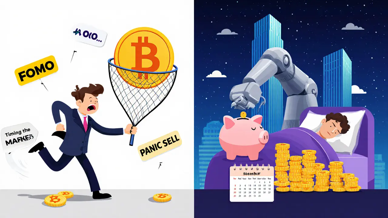 A panicked trader chasing crypto while another sleeps peacefully as a robot auto-invests, building a coin mountain.