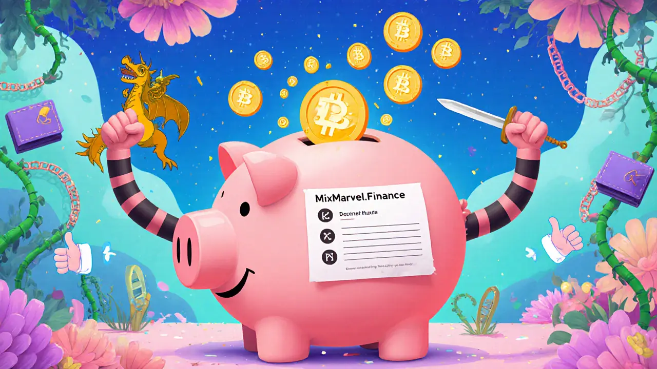 A player staking MIX tokens into a smiling piggy bank that rains game rewards.