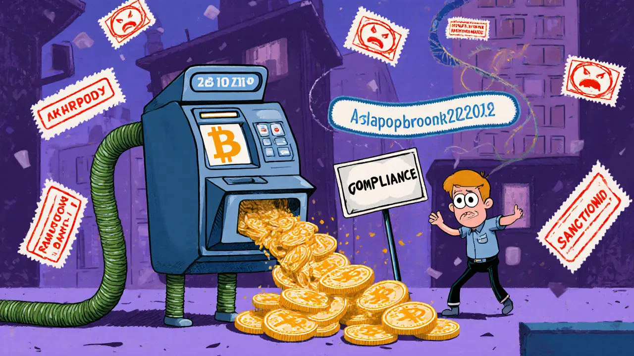 A tiny crypto ATM spitting out coins that turn into tanks, with a nervous operator trying to stop them.