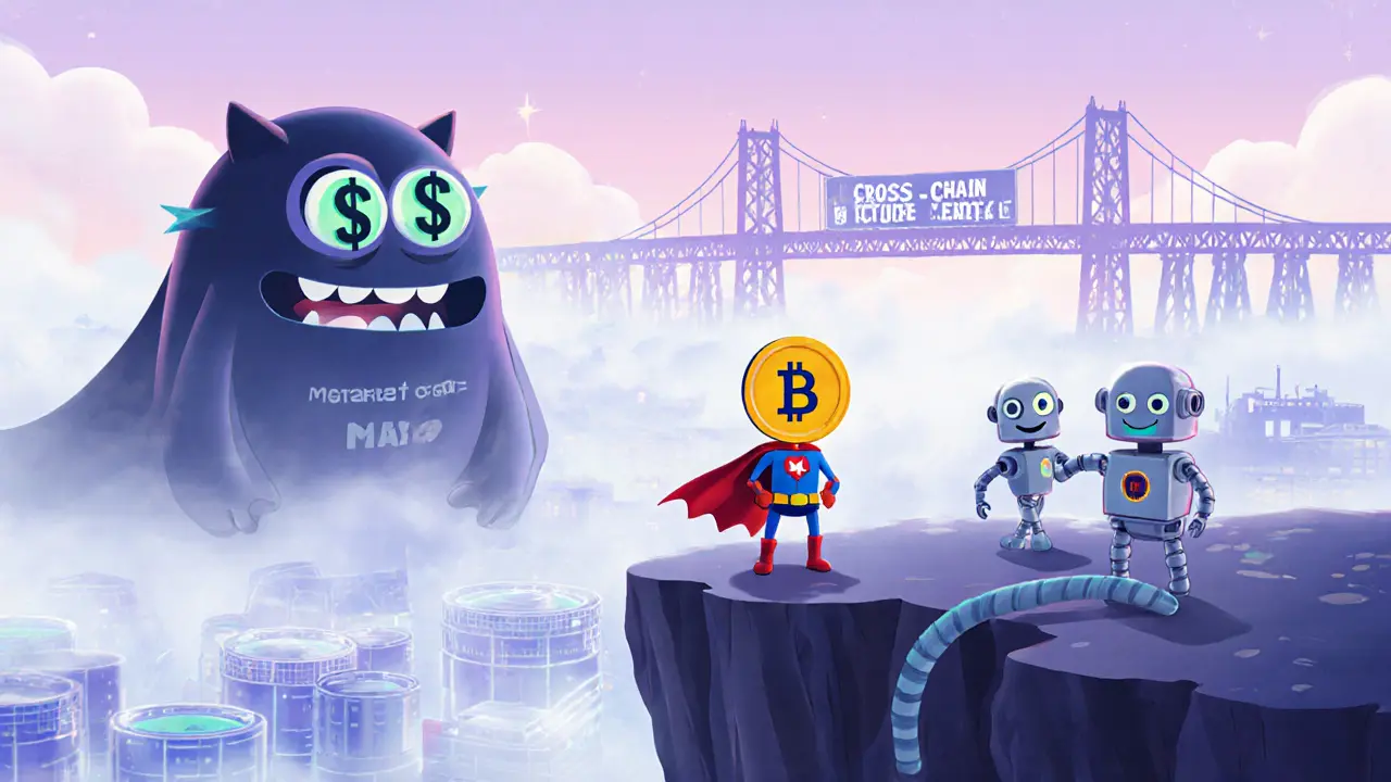 A tiny MEX hero standing on a cliff as a market crash monster fades away, with a future bridge forming.