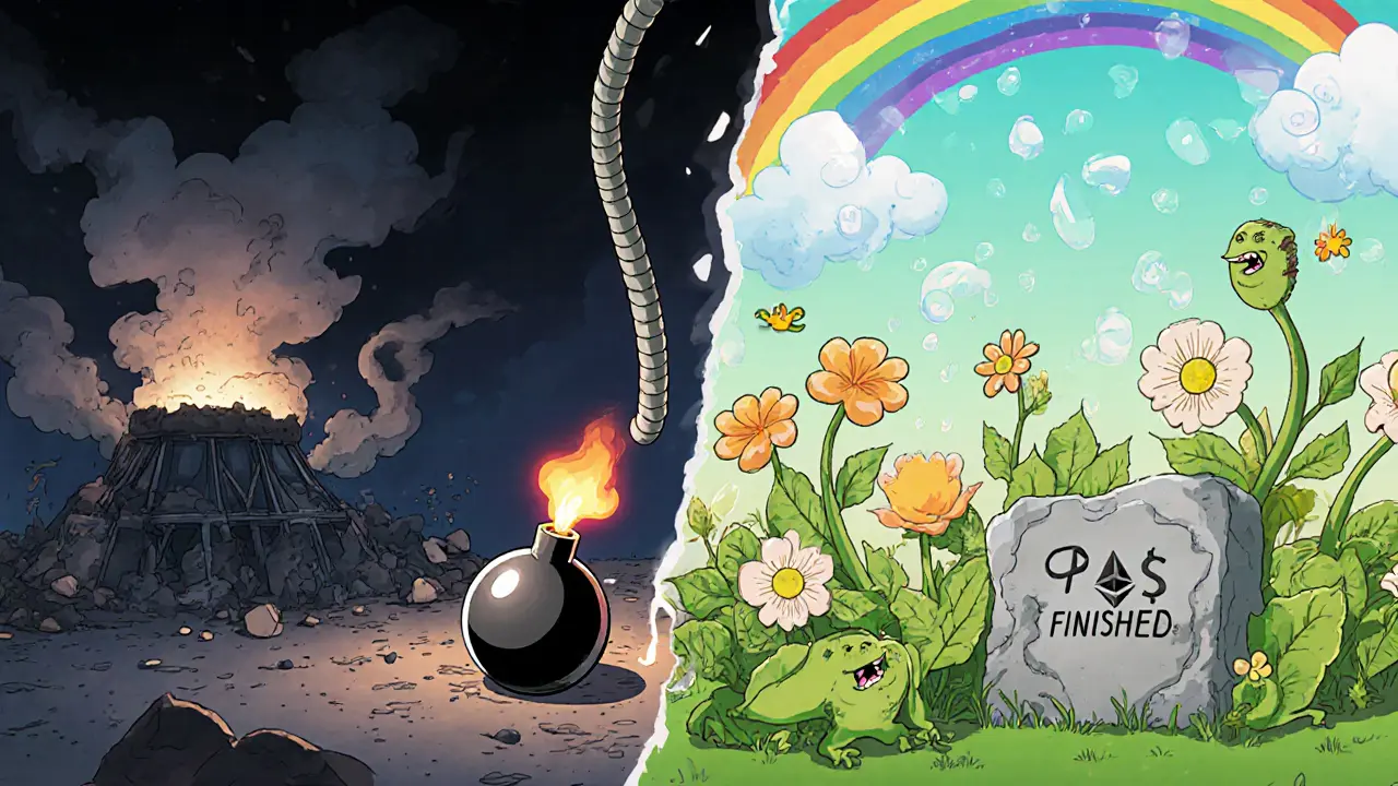 Chaotic PoW mine collapses as a serene PoS garden blooms, with a buried bomb marked &#039;FINISHED&#039;.