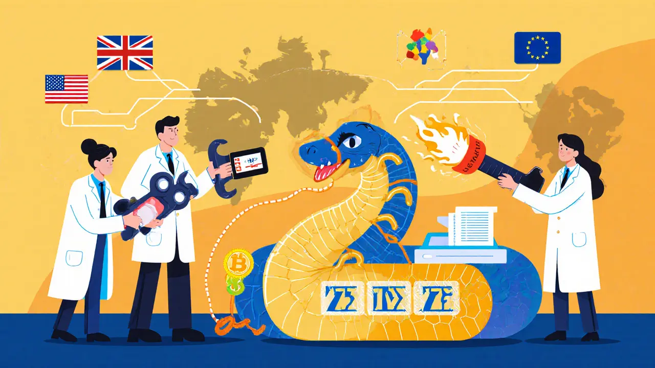 Compliance officers using tools to tame a multi-headed crypto serpent with real-time monitoring systems.