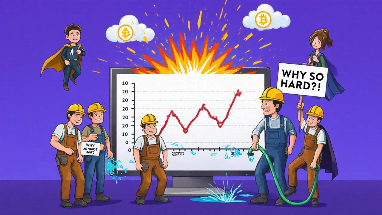 Miners panic as a difficulty graph explodes, while validators float peacefully above on ETH clouds.