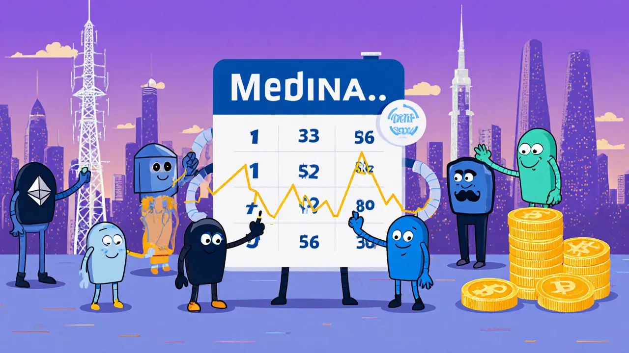 Quirky node operators with stretchy limbs feeding data into a median calculator, with LINK tokens as golden weights tied to them.