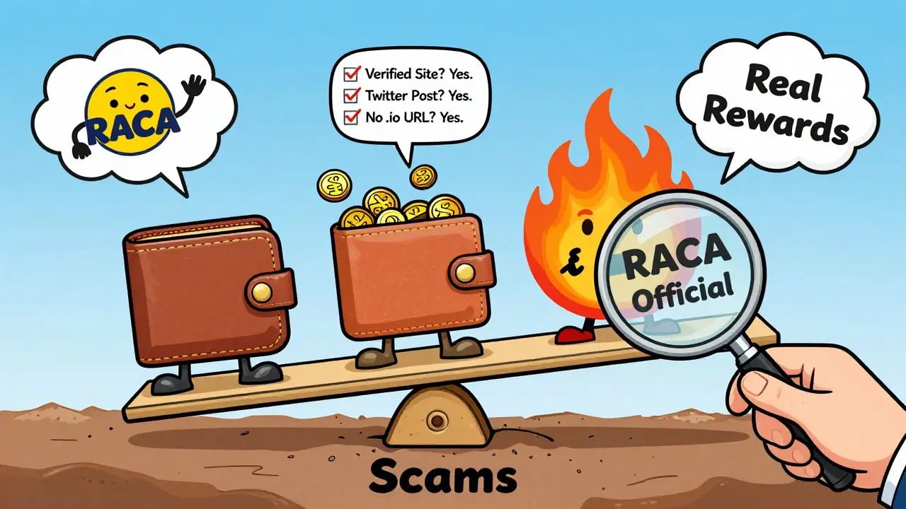 Three cartoon wallets on a seesaw over a &#039;Scams&#039; pit, with RACA&#039;s official checklist guiding the balance.