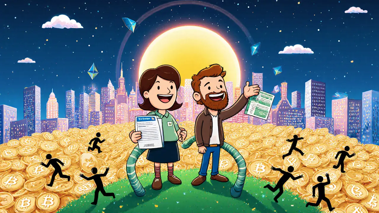 Two everyday people stand on a hill of crypto coins, smiling at a blockchain sun, while others chase price charts below.