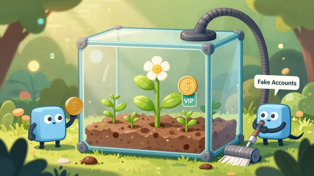 A blockchain garden grows with thriving users holding tokens, while bots are vacuumed away in a whimsical illustration.