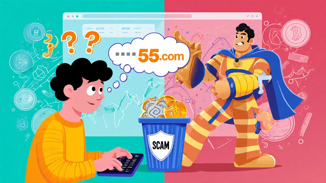 A confused person types &#039;55.com&#039; while a Crypto.com mascot kicks the typo into a trash can.