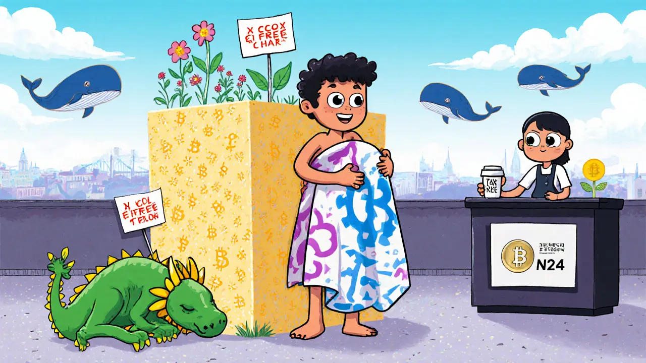 A digital nomad hugs a giant property block in Portugal while a dragon sleeps nearby and a bank teller offers coffee.