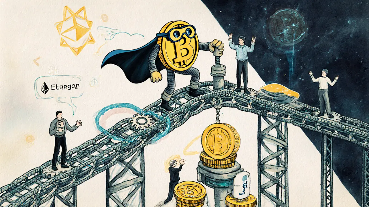 A heroic SD token standing on a bridge of blockchains, activating reward gears while users cheer below.