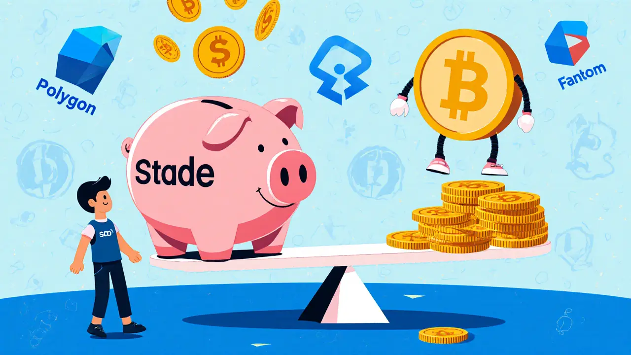 A retail user tossing a BNB coin into a Stader-shaped piggy bank as reward coins rain down.