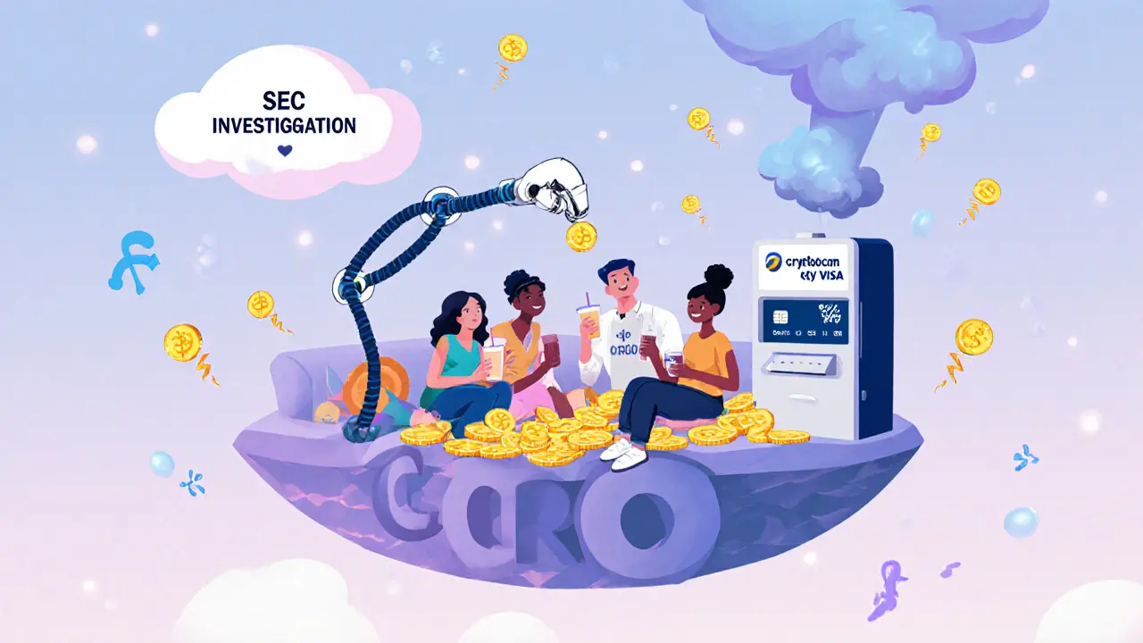 People relax on a CRO token couch while receiving crypto cash back from a robotic card dispenser.