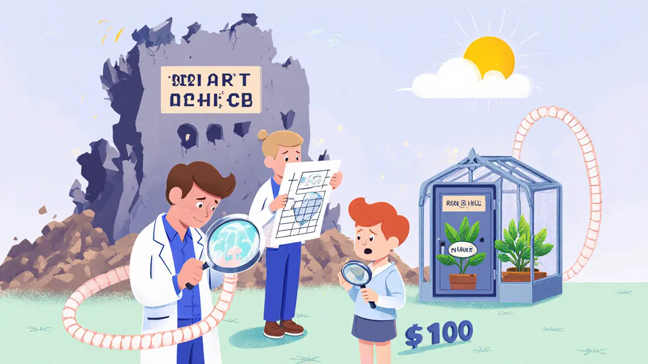 Three cartoon characters learning about safe yield farming in a small greenhouse labeled &#039;Real Yield&#039;.