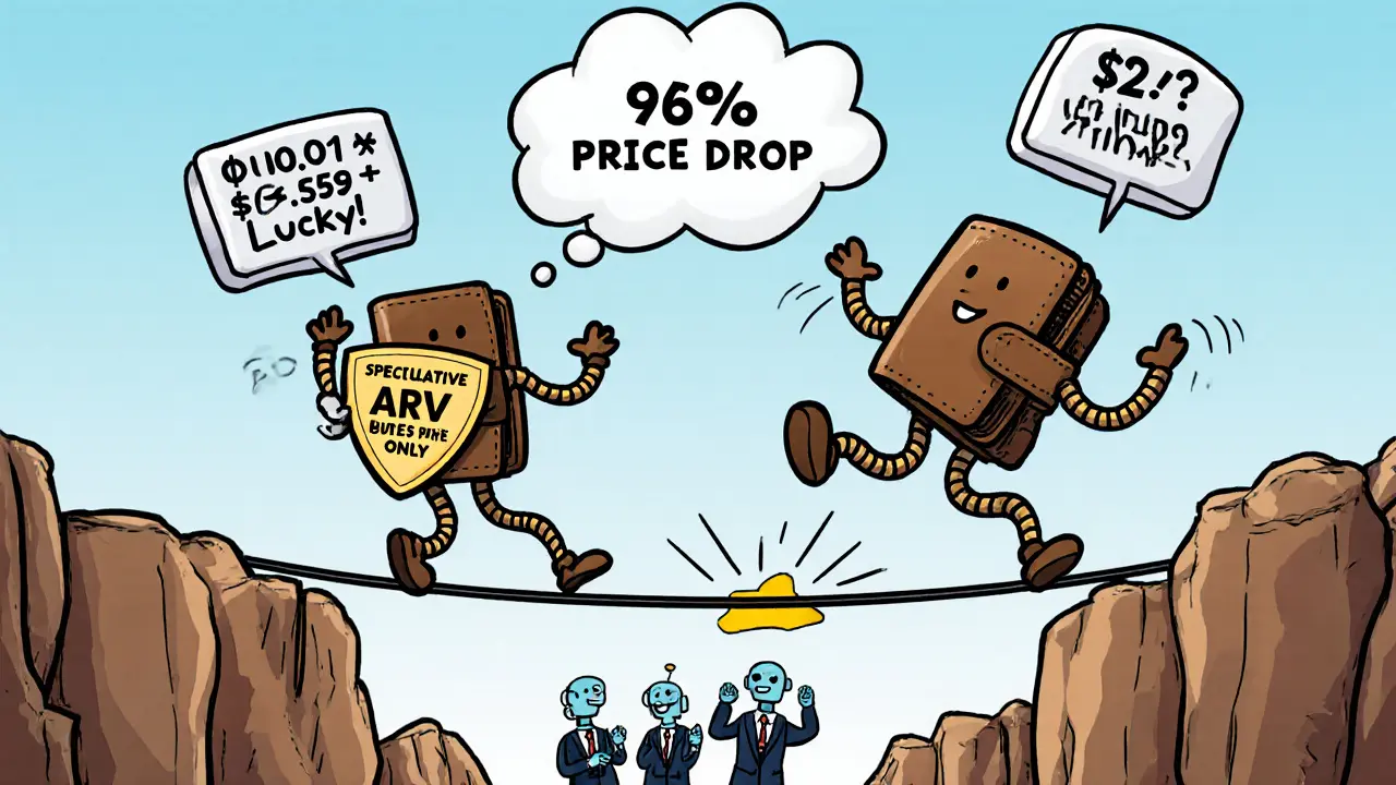 Two wallets on a tightrope: one safe, one falling past fake price predictions and bots cheering.