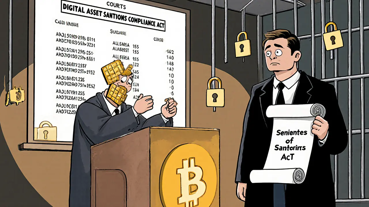 A cartoon defendant sentenced in court with blockchain blocks as judge&#039;s robe and prison bars shaped like locks.