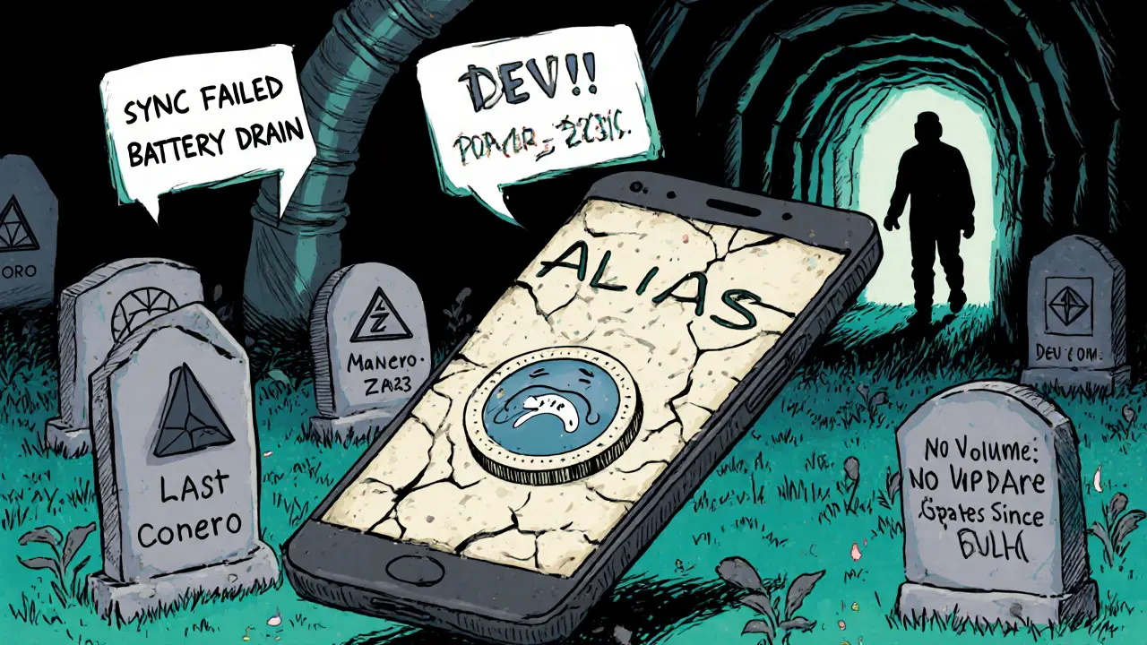 A cracked Android wallet app showing sync errors, with a developer walking away from its last update.