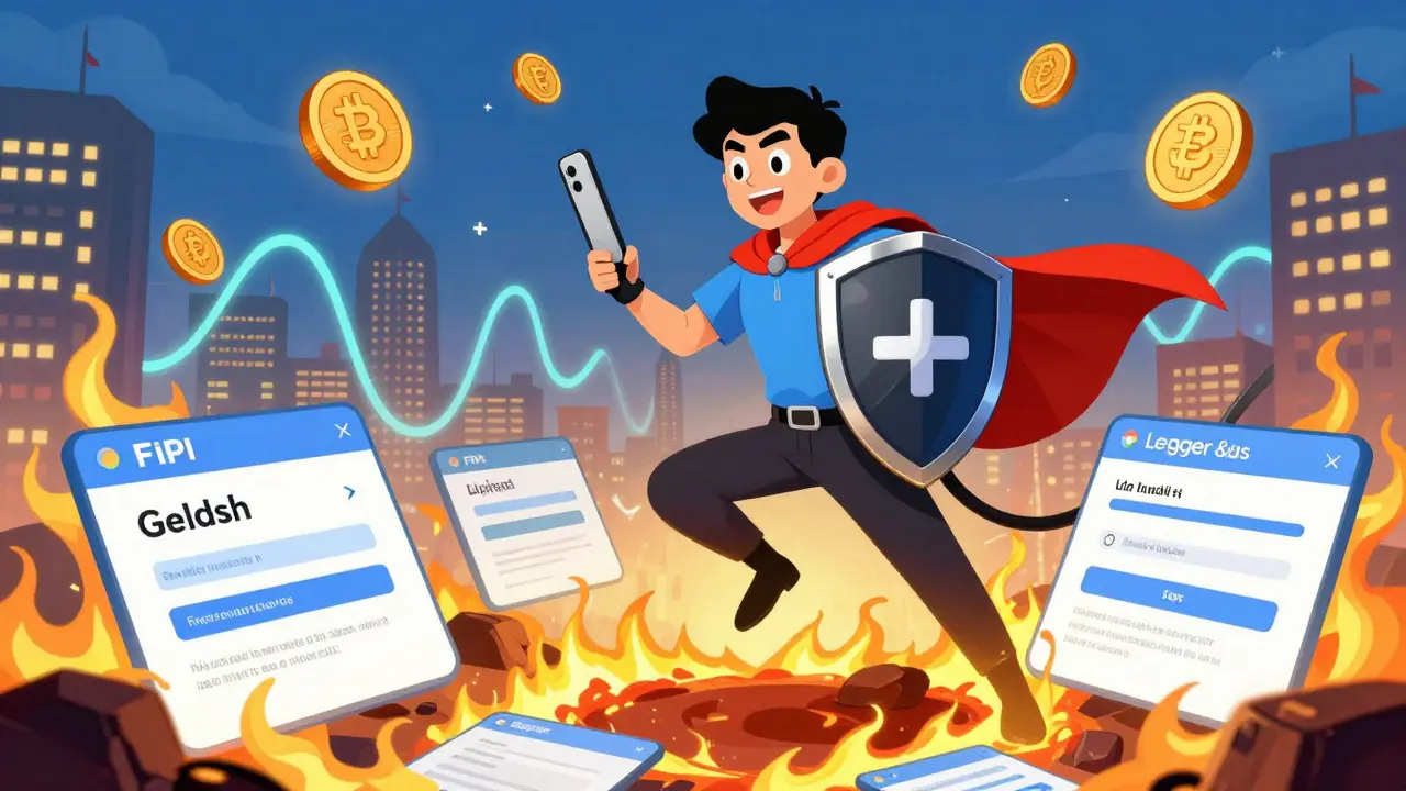 A crypto user as a superhero with a hardware wallet shield, leaping over phishing threats.