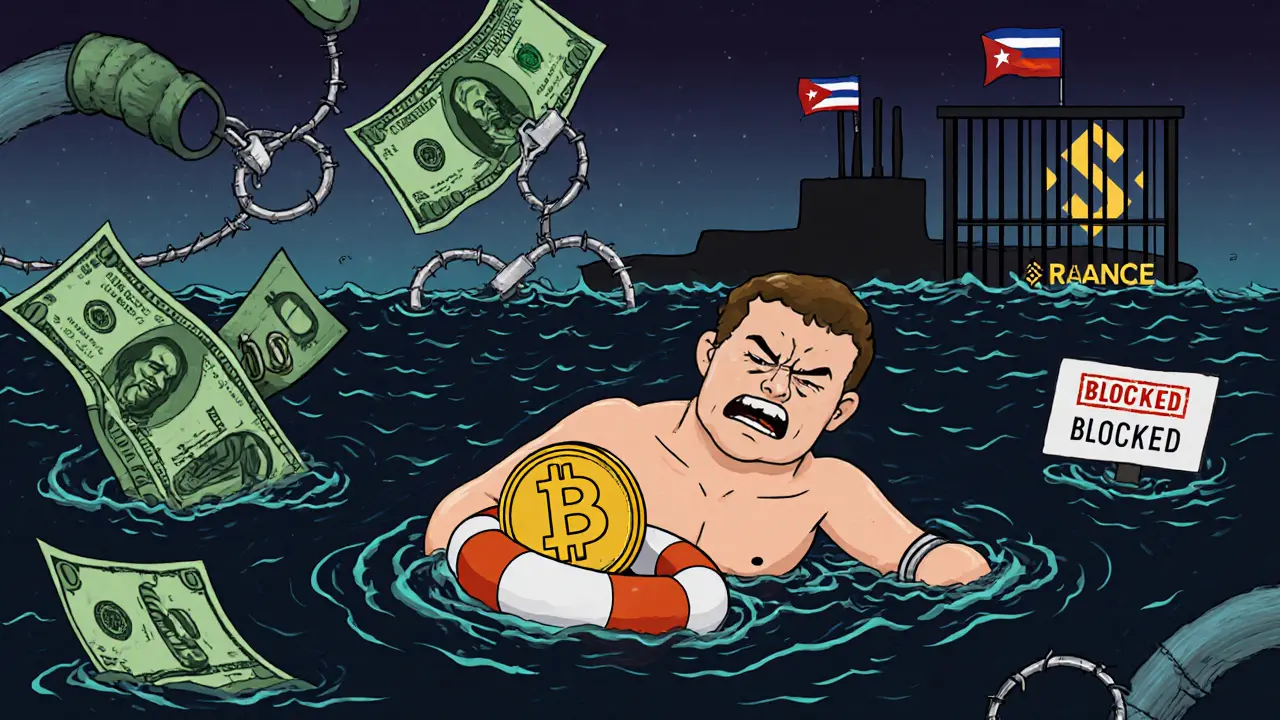 A Cuban man swims with a Bitcoin lifebuoy while dollar bills with handcuffs sink around him.