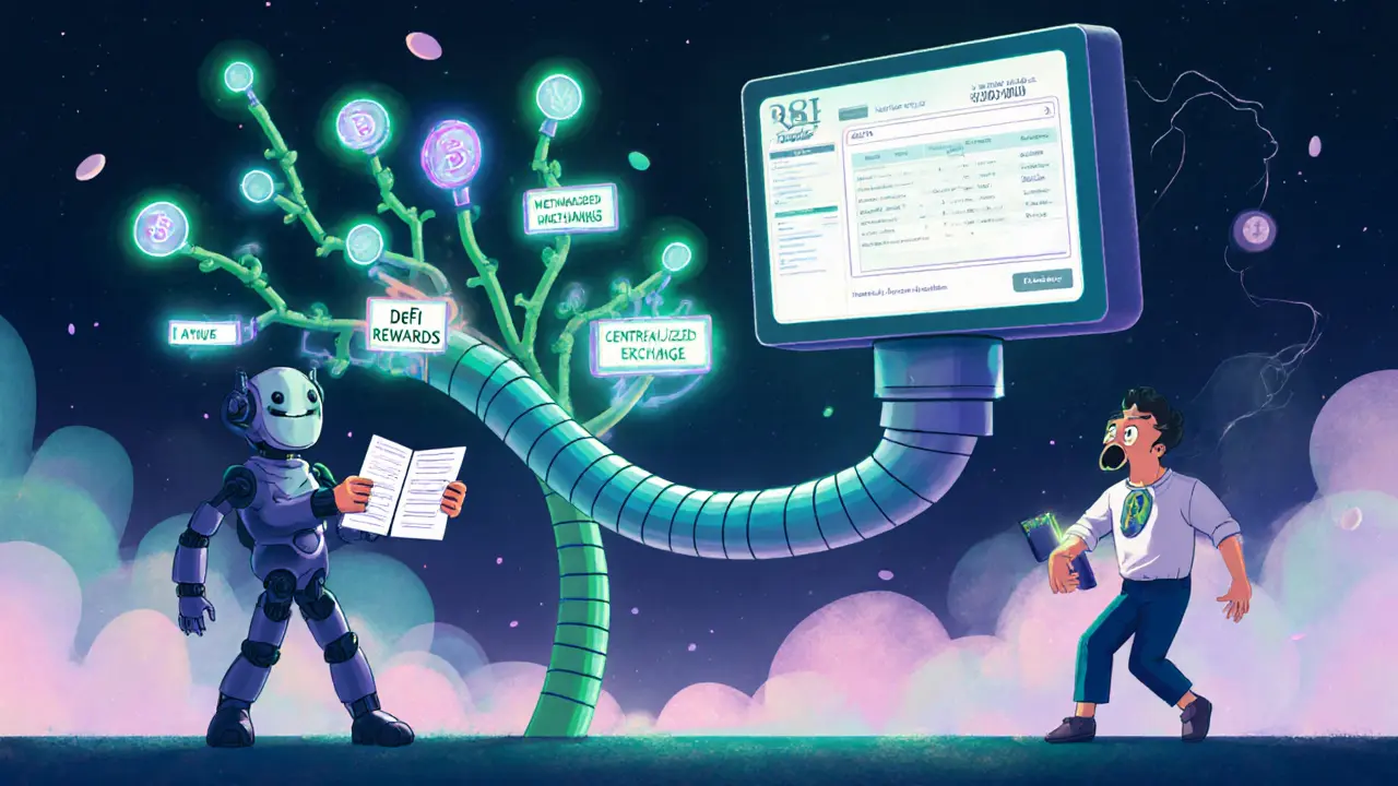 A futuristic IRS robot scans a blockchain tree while a taxpayer submits organized records, and another hides a wallet.