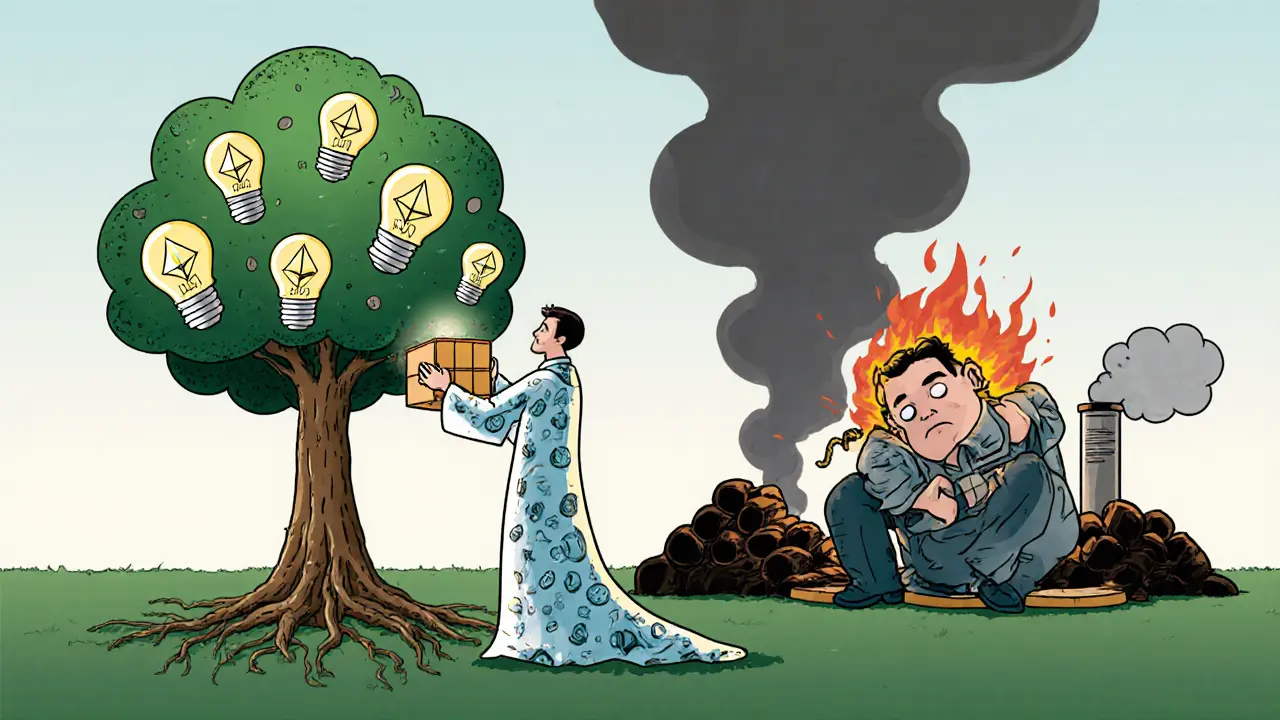 A glowing validator placing a block on a tree of energy-saving bulbs, contrasting with a collapsed PoW miner.