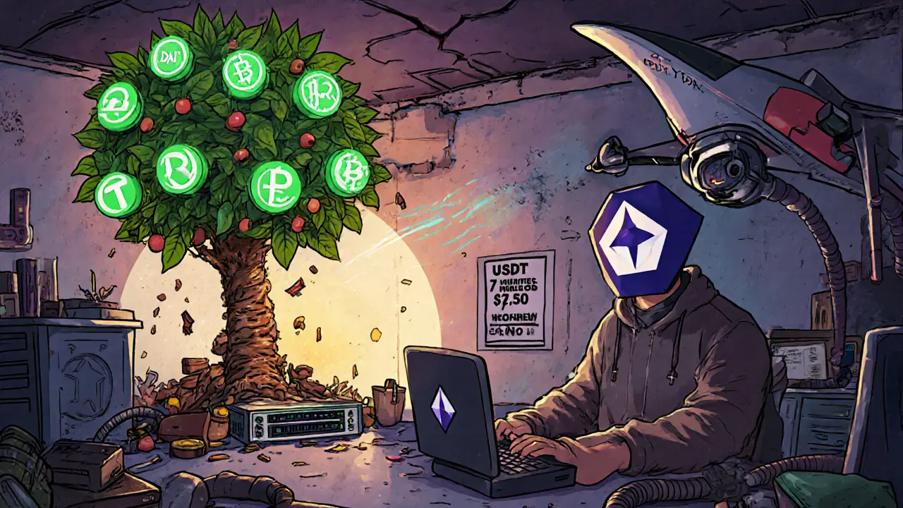 A masked hacker tends to a glowing Polygon blockchain tree while a government drone&#039;s attack backfires.