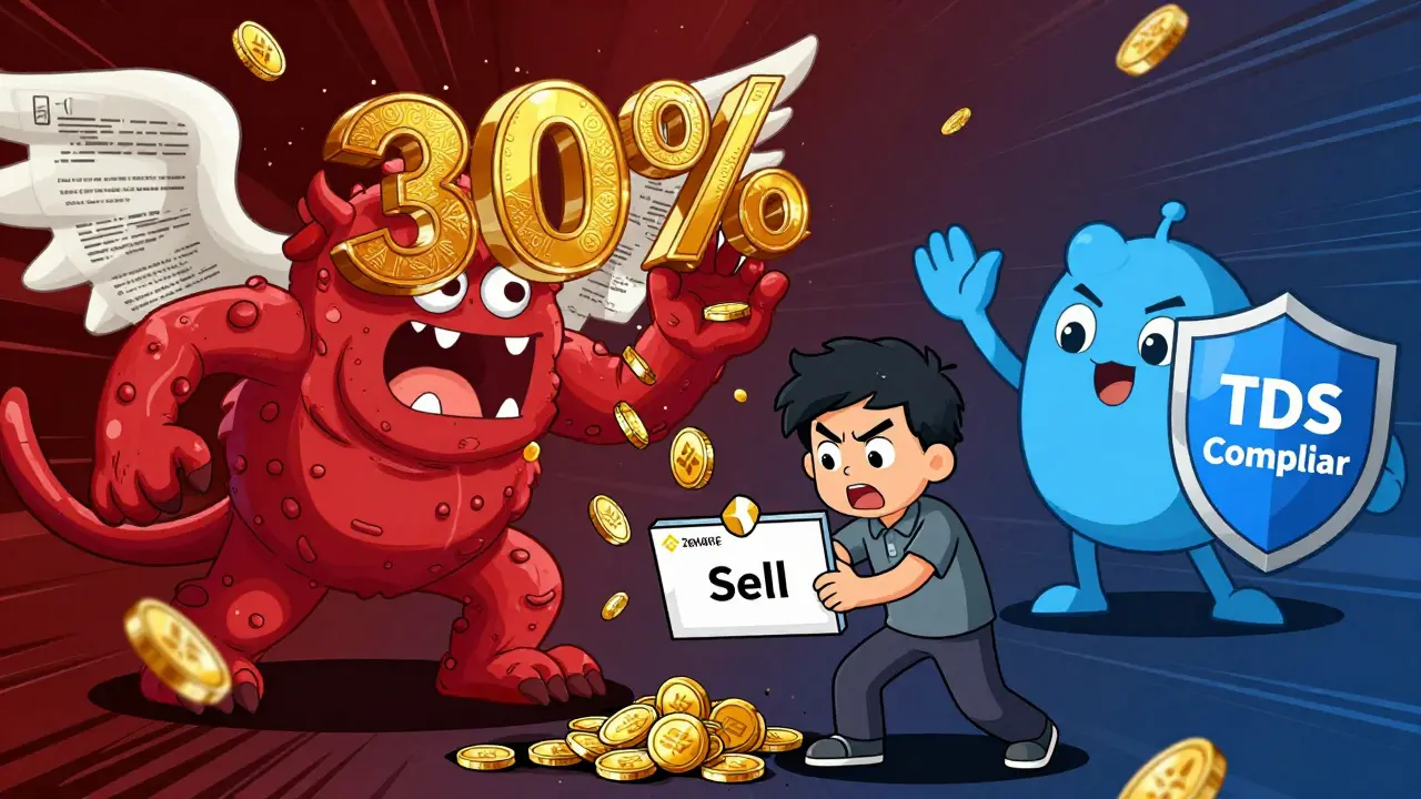 A person selling crypto as a giant tax monster takes coins, while a safe exchange mascot watches.