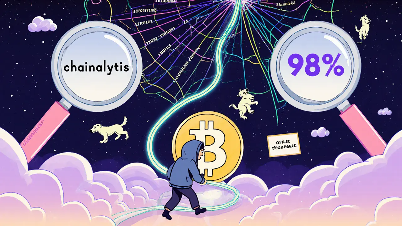 A tiny figure hiding behind a Monero coin as giant magnifying glasses trace their crypto trail.