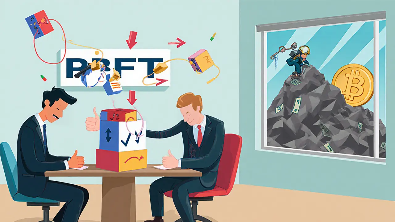 Businesspeople voting on blocks in a PBFT meeting, with fast-moving arrows and a struggling miner outside.