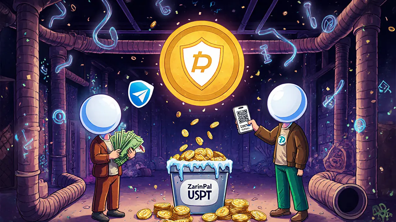 People trade DAI tokens via QR codes in a vibrant Telegram marketplace, with frozen USDT coins in the trash.