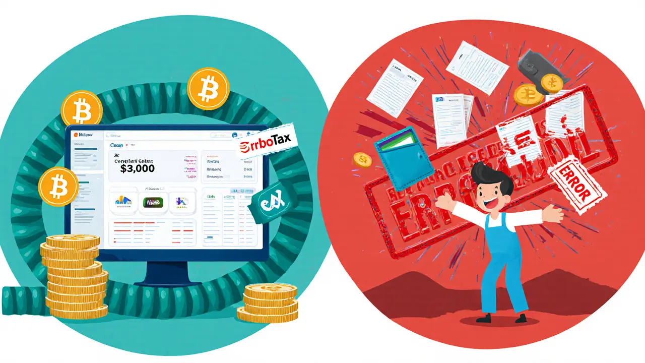 Split scene: one person calmly using tax software, another overwhelmed juggling multiple crypto wallets and error stamps.
