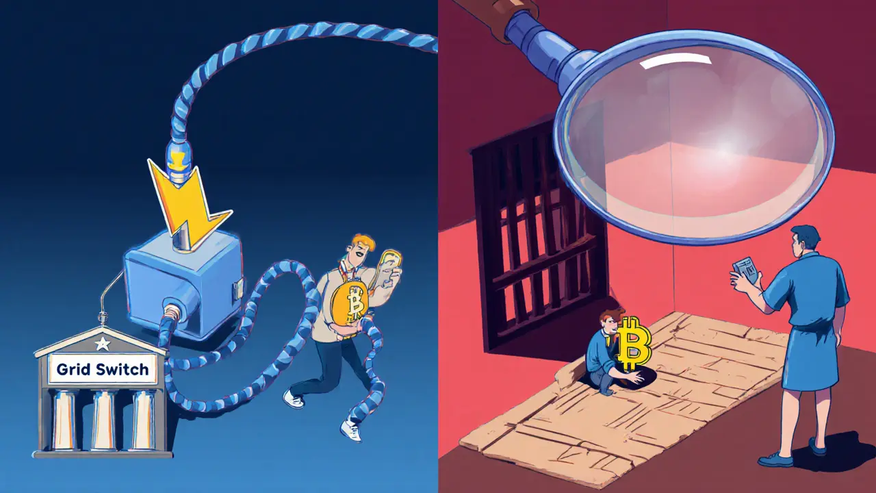 Split scene: Syrian uses safe crypto bridge, Cuban hides Bitcoin keys as OFAC watches ominously.