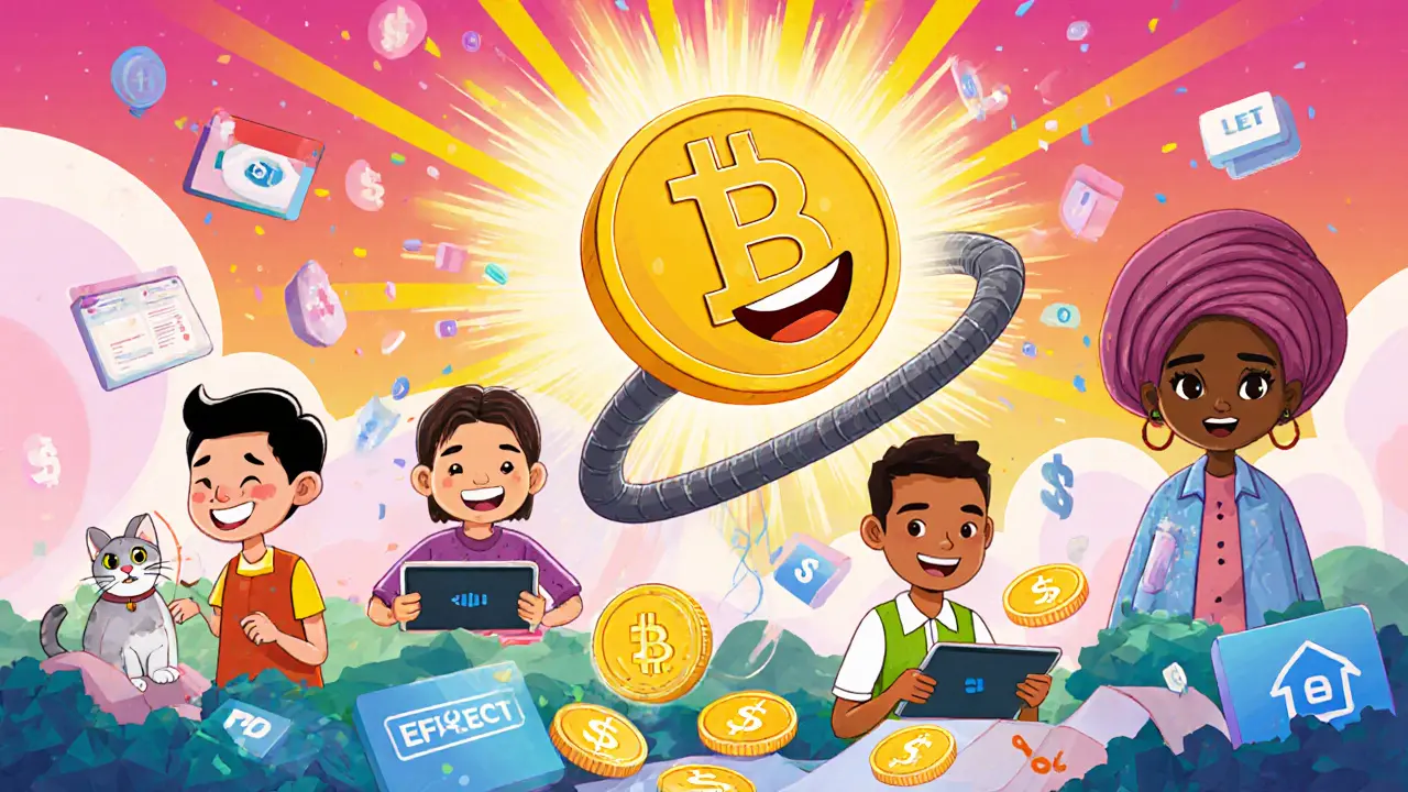 A cheerful EFFECT token bouncing on a fast blockchain ribbon while people around the world complete AI tasks.