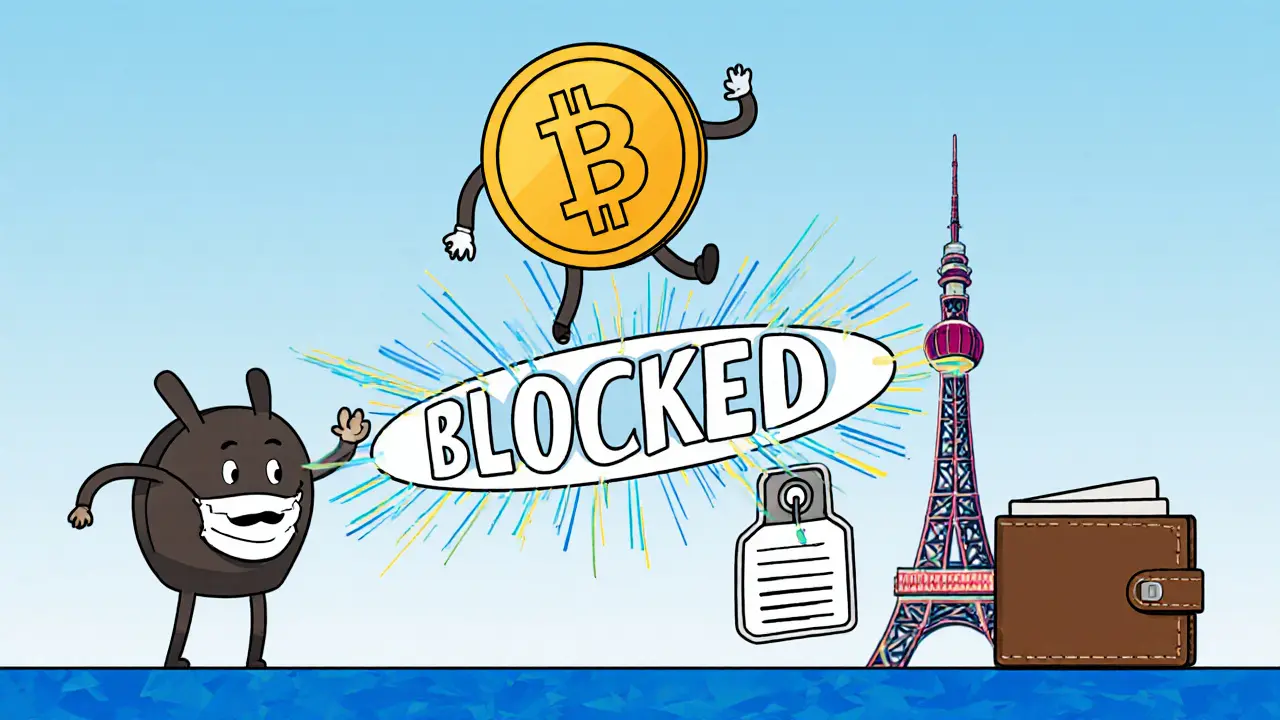 A crypto token hops between exchanges with its identity tagged, while an unlicensed one is blocked by a MAS force field.